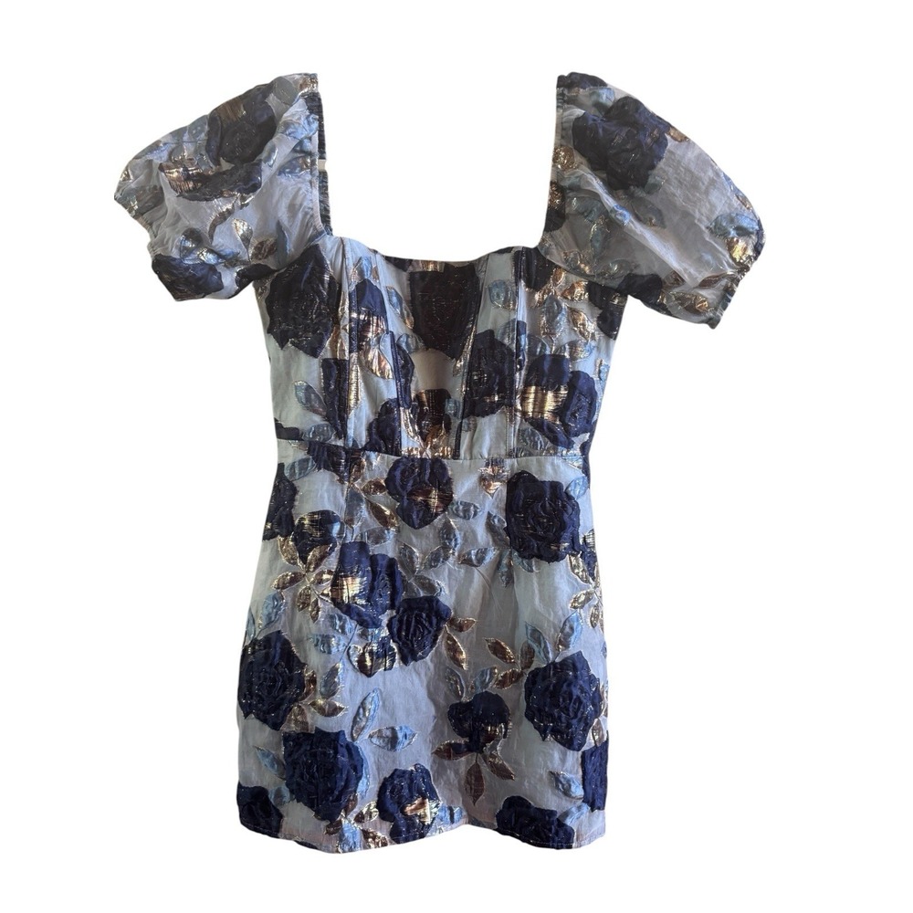 Lulus Cheerfully Perfect Blue Floral Jacquard Strapless Mini Party Dress Size M